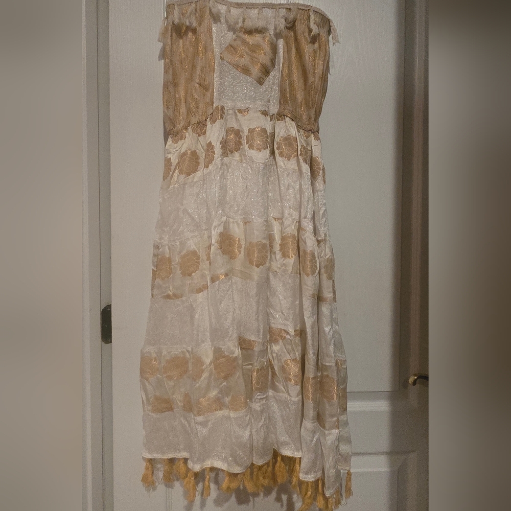 Gold and Cream Tiered Strapless Midi Sundress